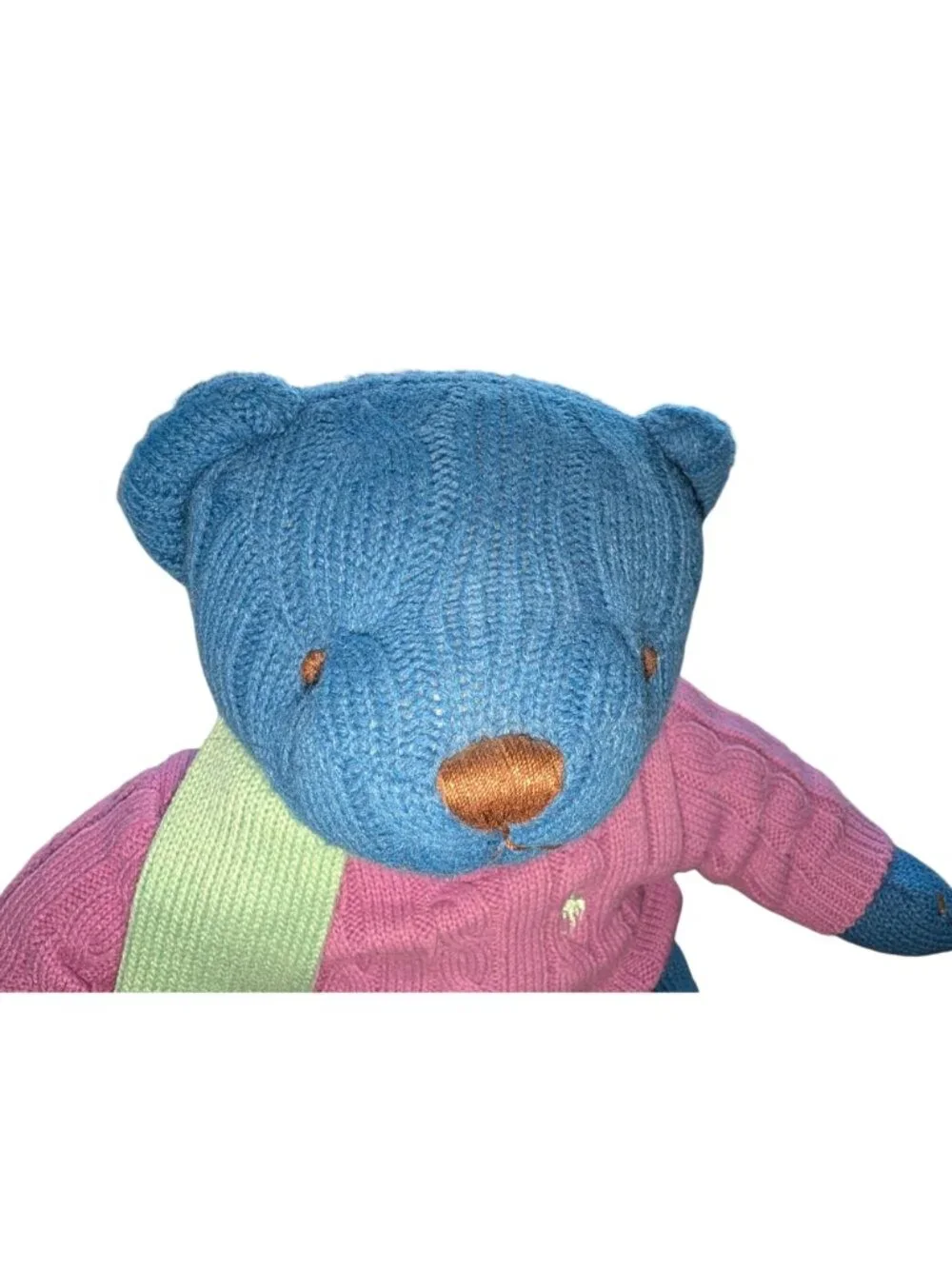 Ralph Lauren 2004 Blue Knit Teddy Bear With Purple Sweater & Green Scarf 12 Inch